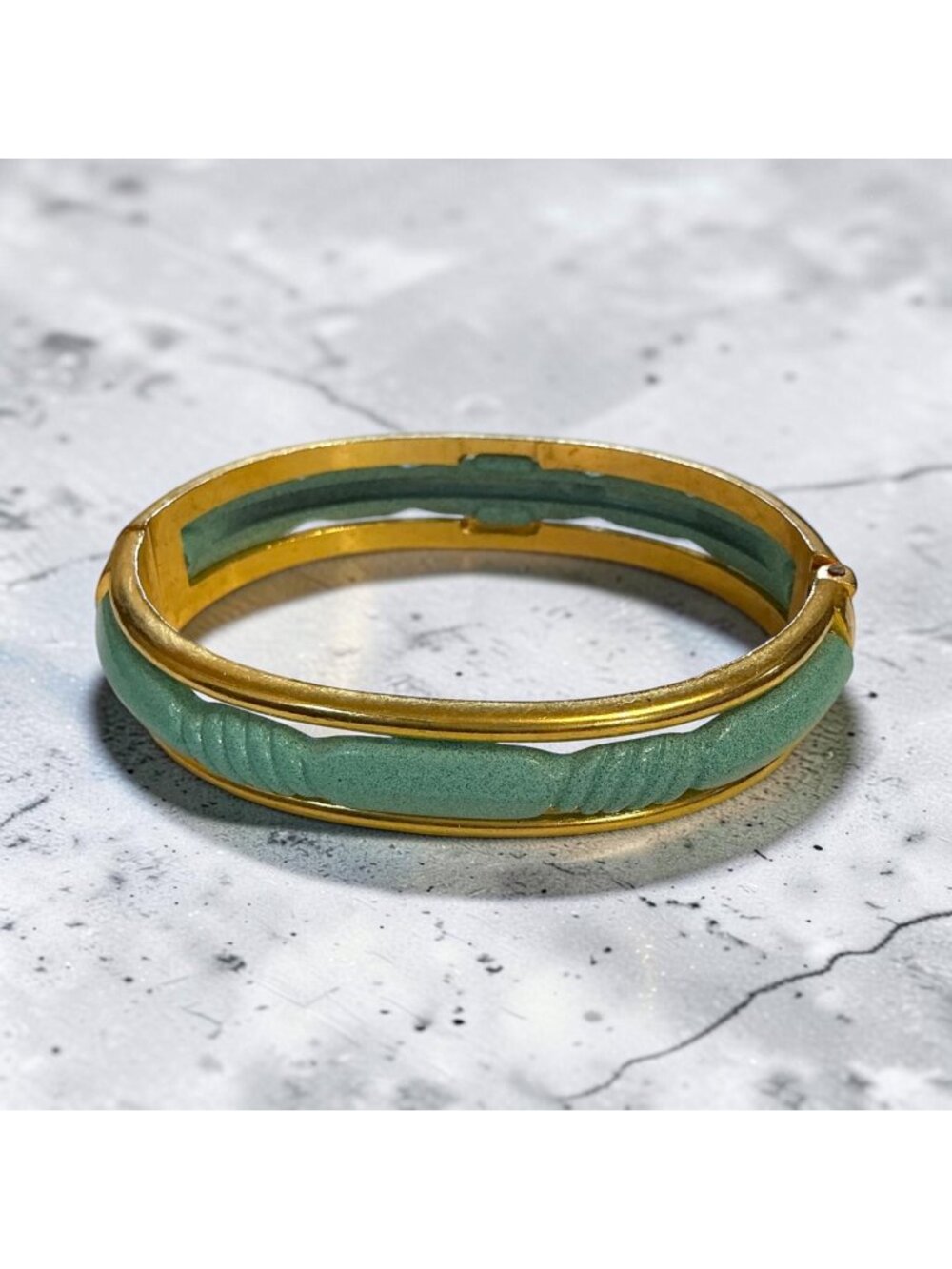 Gold Tone Hinged Bracelet With Green Enamel Accent
